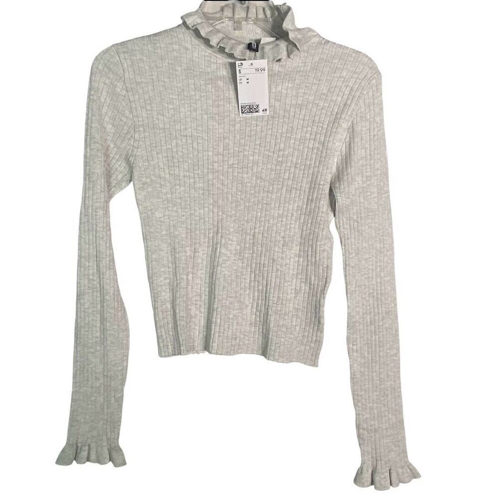 NWT H&M Cropped Ribbed Jersey Knit Sweater Ruffle Neck Light Gray